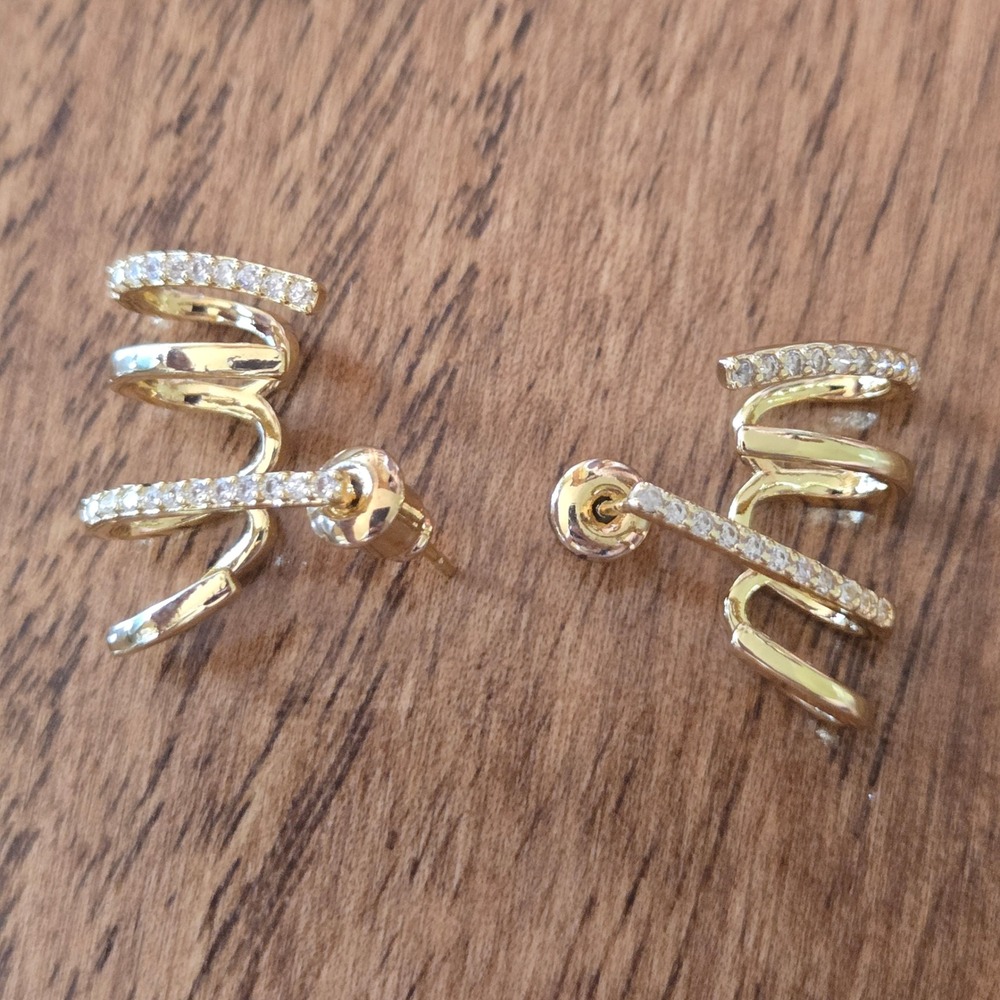 Gold Tone Triple Row Spiral Ear Crawler Earrings Cubic Zirconia Pavé Climbers